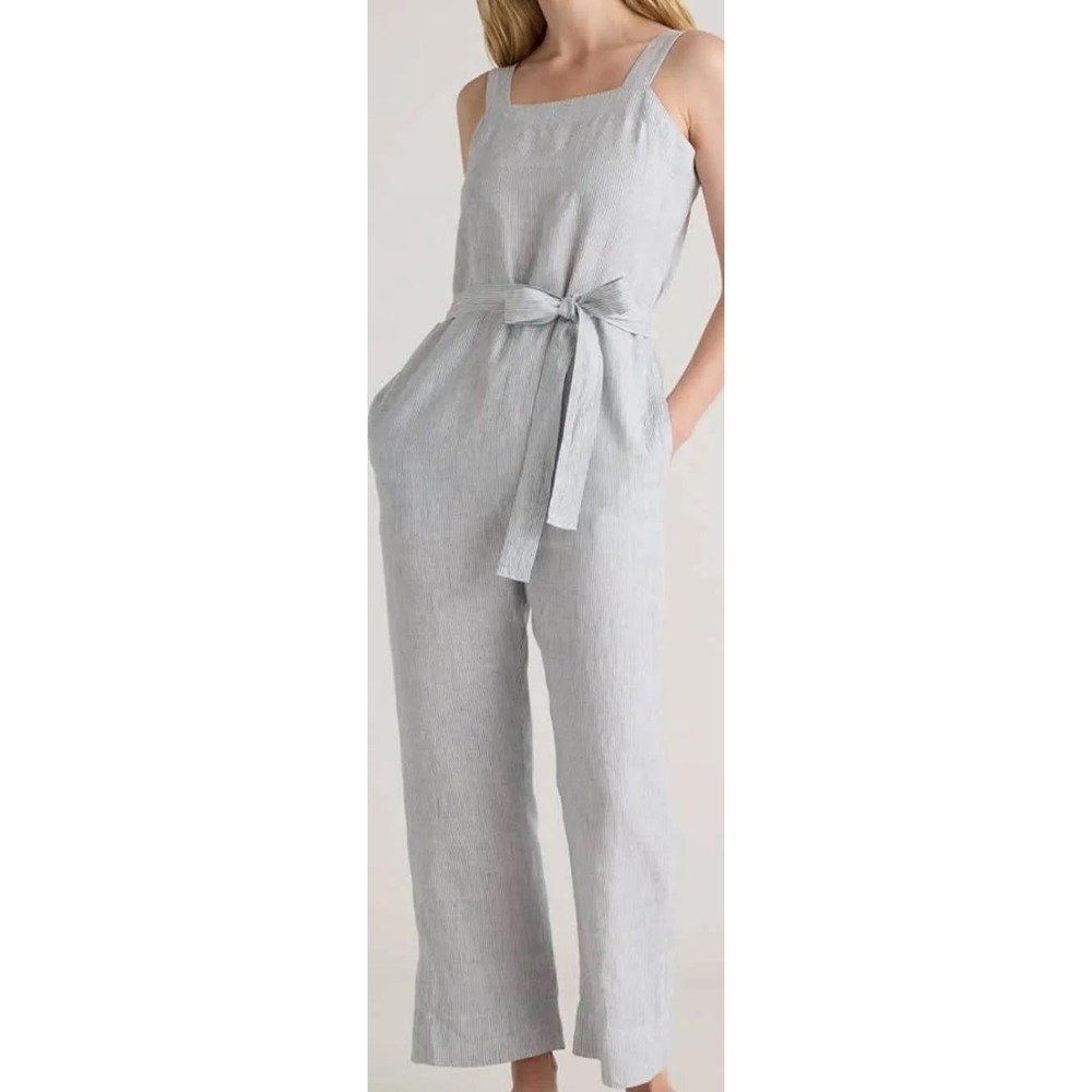 Quince Linen Square Neck Jumpsuit Blue White Stripe Small New With Tags
